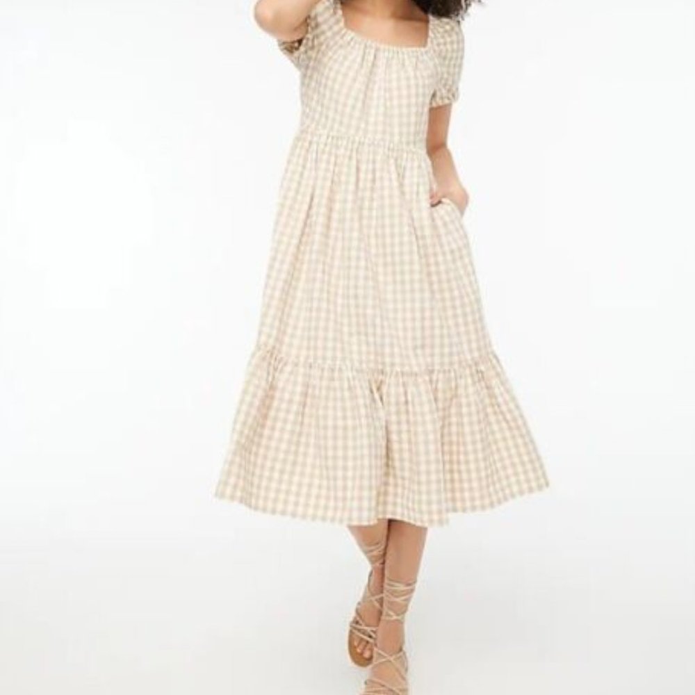 J Crew Ivory & Khaki Square Neck Puff Sleeve Midi Dress Sz 6 NWT